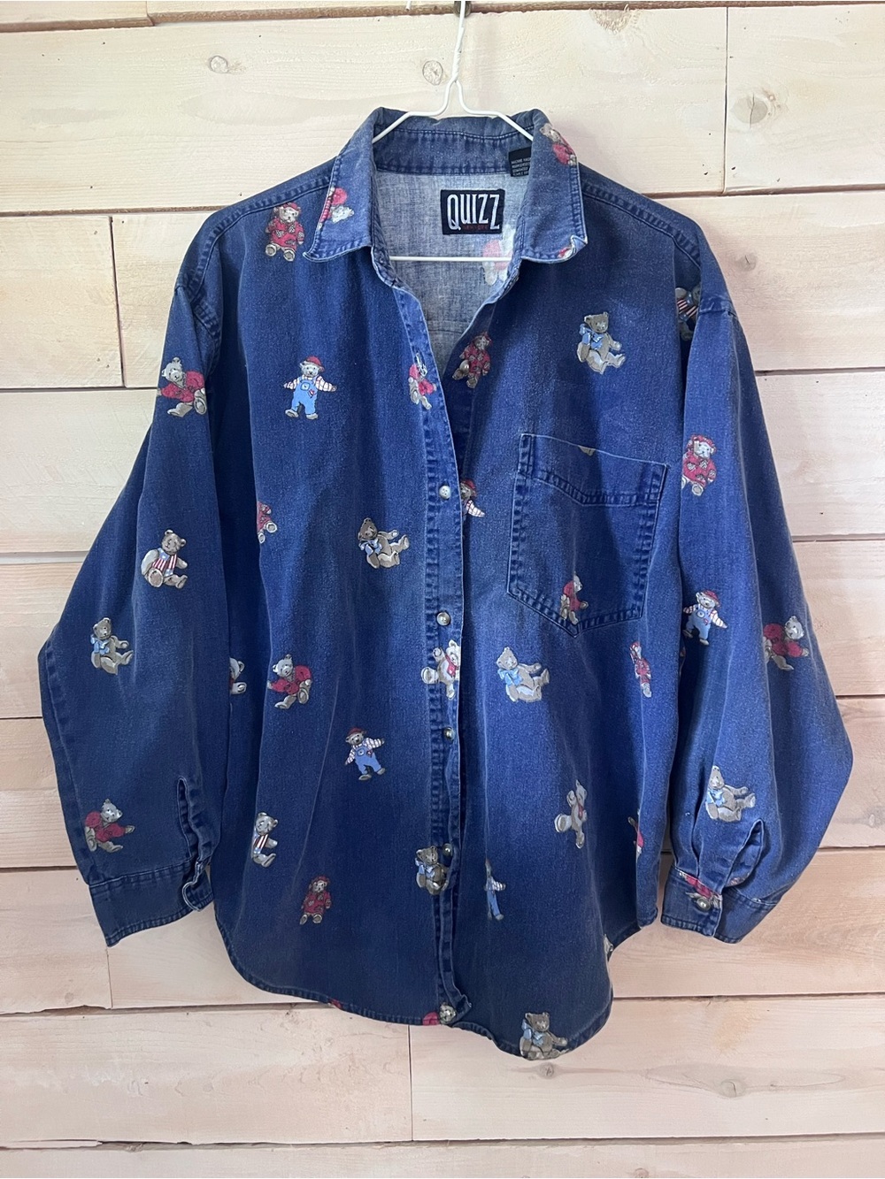 Vintage 1990s QUIZZ Teddy Bear Denim Button Down Shirt Navy Blue Sz M